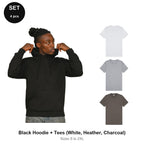 Mens Hoodie + 3 T-Shirts Set - 80% cotton / 20% polyester brushed-back fleece 280gsm, Sizes S-2XL - Black Hoodie + Tees (White, Heather, Charcoal)
