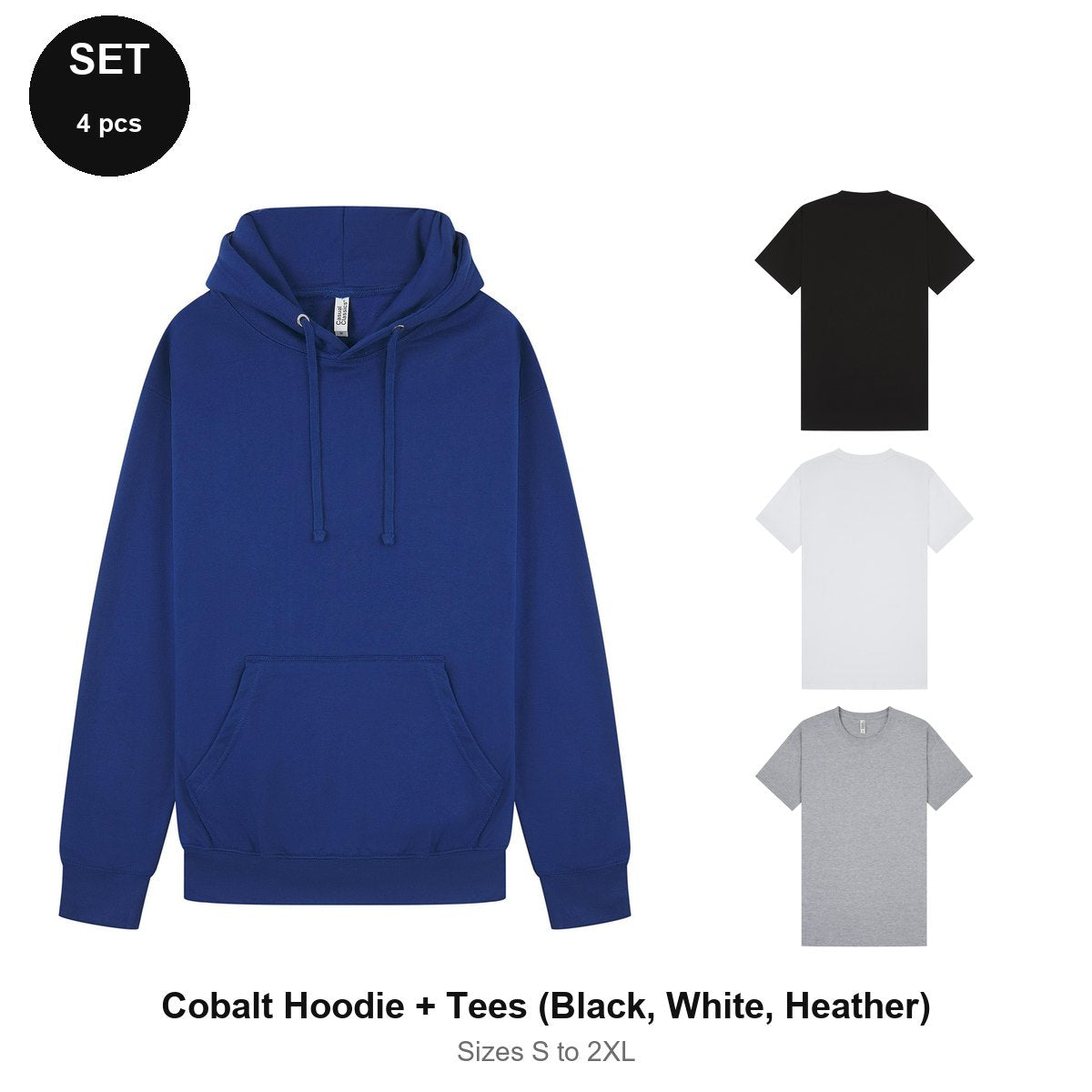 Mens Hoodie + 3 T-Shirts Set - 80% cotton / 20% polyester brushed-back fleece 280gsm, Sizes S-2XL - Cobalt Hoodie + Tees (Black, White, Heather)