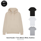 Mens Hoodie + 3 T-Shirts Set - 80% cotton / 20% polyester brushed-back fleece 280gsm, Sizes S-2XL - Sand Hoodie + Tees (Black, White, Heather)