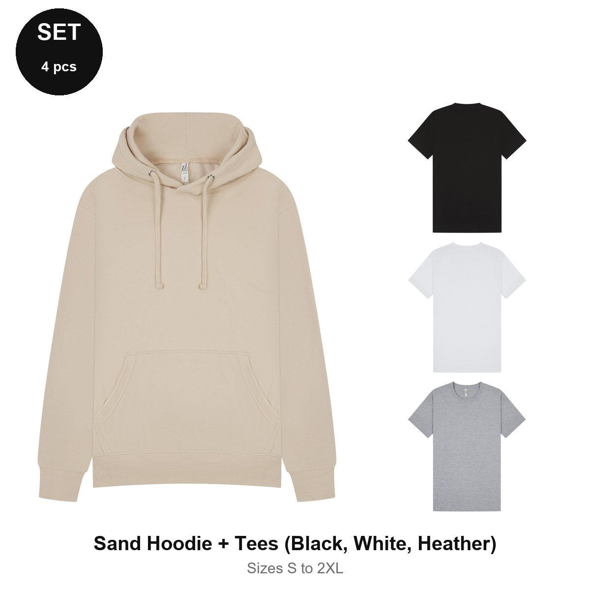 Mens Hoodie + 3 T-Shirts Set - 80% cotton / 20% polyester brushed-back fleece 280gsm, Sizes S-2XL - Sand Hoodie + Tees (Black, White, Heather)