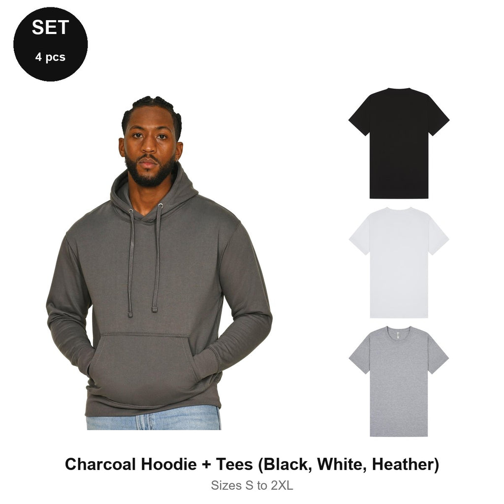 Mens Hoodie + 3 T-Shirts Set - 80% cotton / 20% polyester brushed-back fleece 280gsm, Sizes S-2XL - Charcoal Hoodie + Tees (Black, White, Heather)