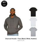 Mens Hoodie + 3 T-Shirts Set - 80% cotton / 20% polyester brushed-back fleece 280gsm, Sizes S-2XL - Charcoal Hoodie + Tees (Black, White, Heather)