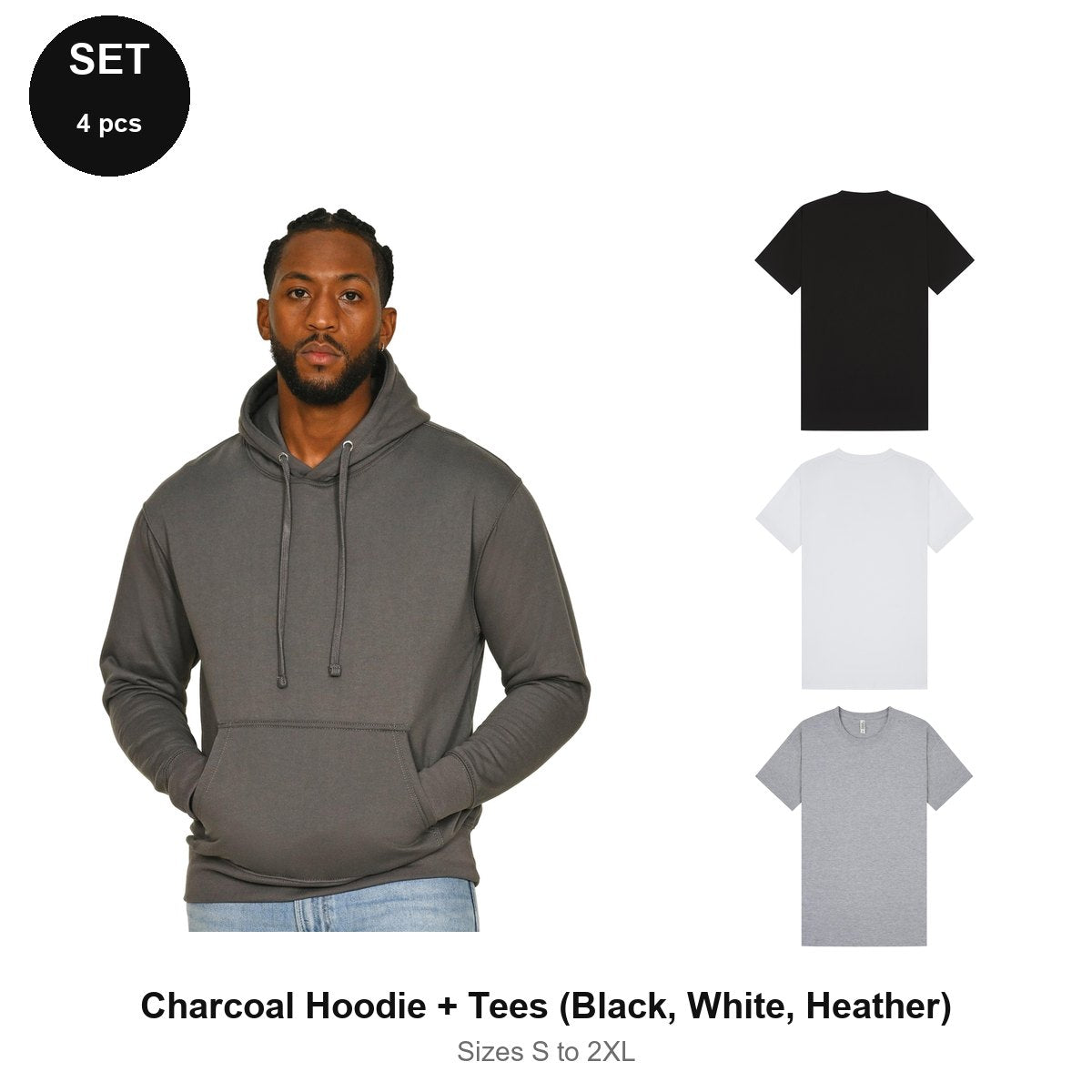 Mens Hoodie + 3 T-Shirts Set - 80% cotton / 20% polyester brushed-back fleece 280gsm, Sizes S-2XL - Charcoal Hoodie + Tees (Black, White, Heather)