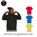 Mens Hoodie + 3 T-Shirts Set - 80% cotton / 20% polyester brushed-back fleece 280gsm, Sizes S-2XL - Black Hoodie + Tees brights (Red, Royal, Yellow)