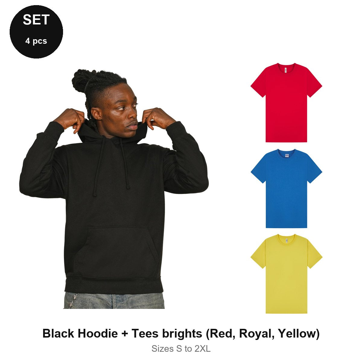 Mens Hoodie + 3 T-Shirts Set - 80% cotton / 20% polyester brushed-back fleece 280gsm, Sizes S-2XL - Black Hoodie + Tees brights (Red, Royal, Yellow)