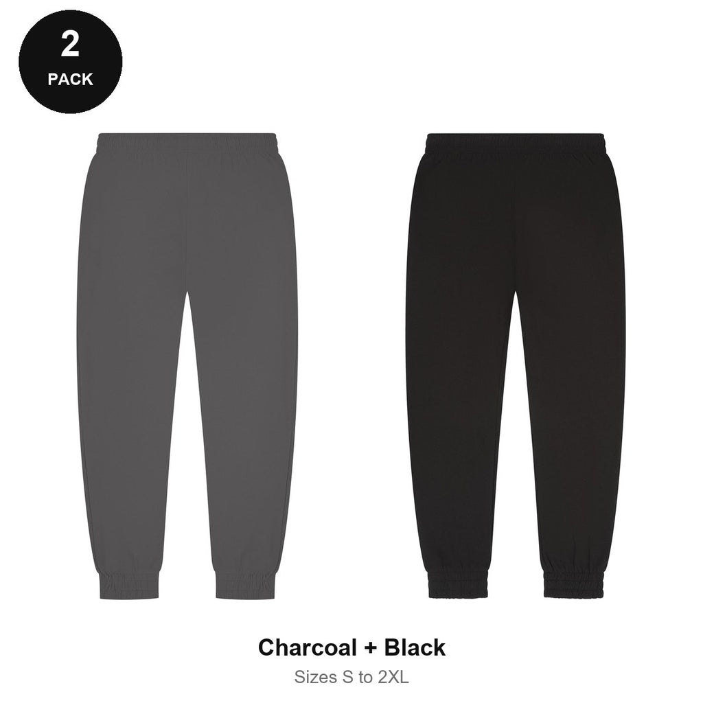 Joggers 2 Pack - 80% cotton / 20% polyester brushed-back fleece 280gsm, Sizes S-2XL - Charcoal + Black