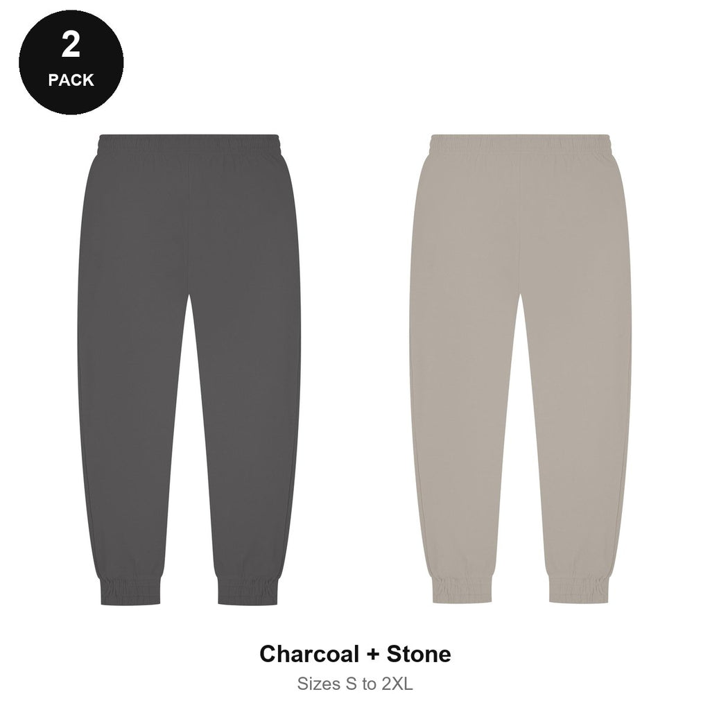 Joggers 2 Pack - 80% cotton / 20% polyester brushed-back fleece 280gsm, Sizes S-2XL - Charcoal + Stone