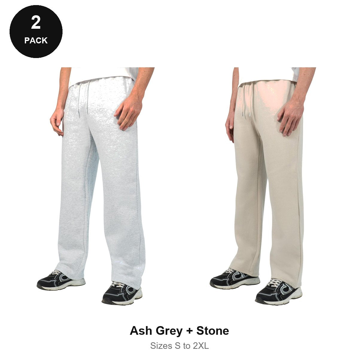Relaxed Fit Joggers 2 Pack - 80% cotton / 20% polyester brushed-back fleece 280gsm, Sizes S-2XL - Ash Grey + Stone