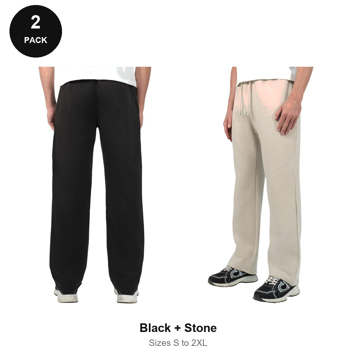 Relaxed Fit Joggers 2 Pack - 80% cotton / 20% polyester brushed-back fleece 280gsm, Sizes S-2XL - Black + Stone