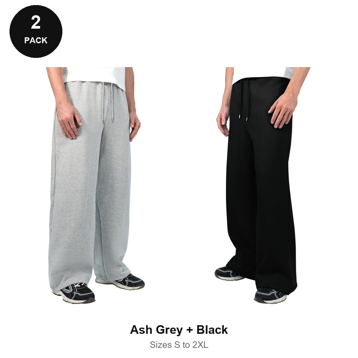 Wide Leg Joggers 2 Pack - 80% cotton / 20% polyester brushed-back fleece 280gsm, Sizes S-2XL - Ash Grey + Black
