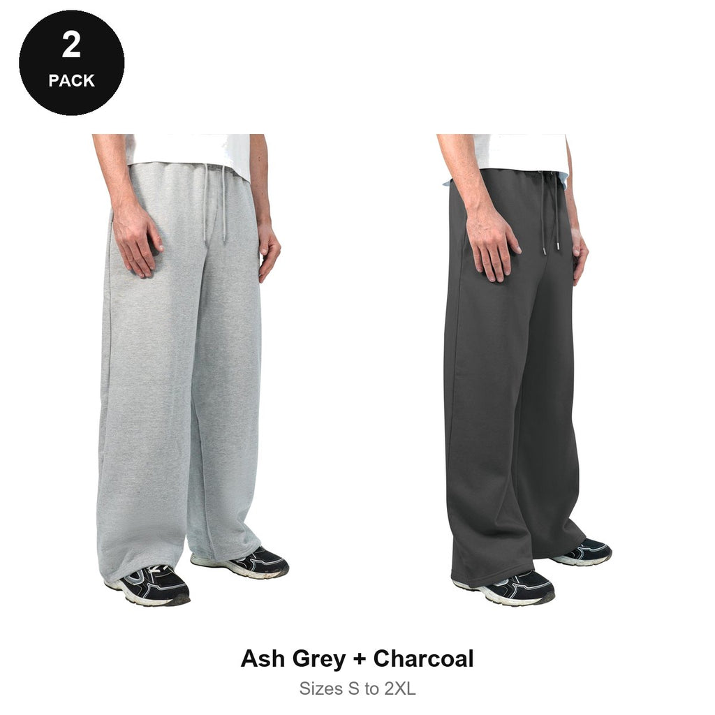 Wide Leg Joggers 2 Pack - 80% cotton / 20% polyester brushed-back fleece 280gsm, Sizes S-2XL - Ash Grey + Charcoal