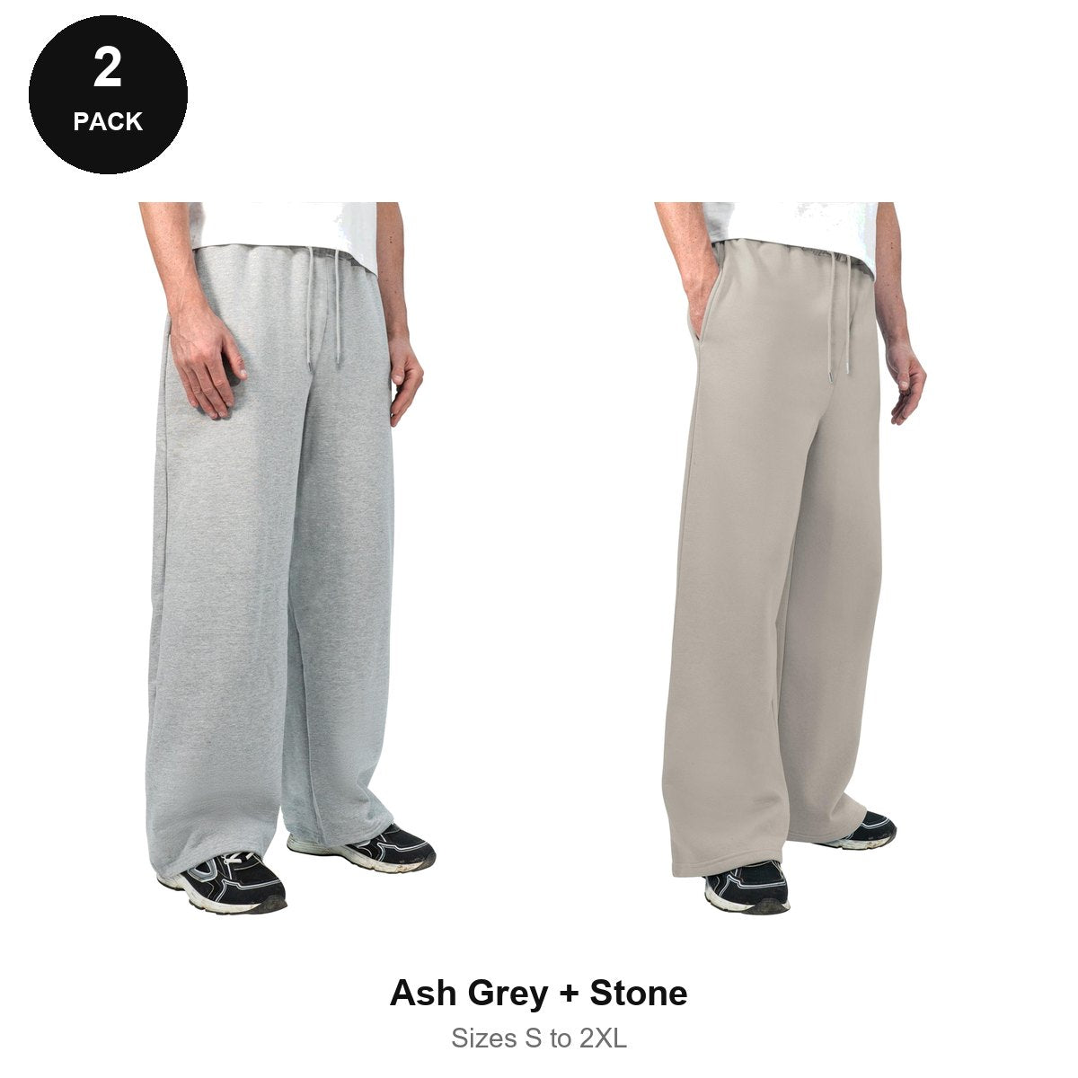 Wide Leg Joggers 2 Pack - 80% cotton / 20% polyester brushed-back fleece 280gsm, Sizes S-2XL - Ash Grey + Stone