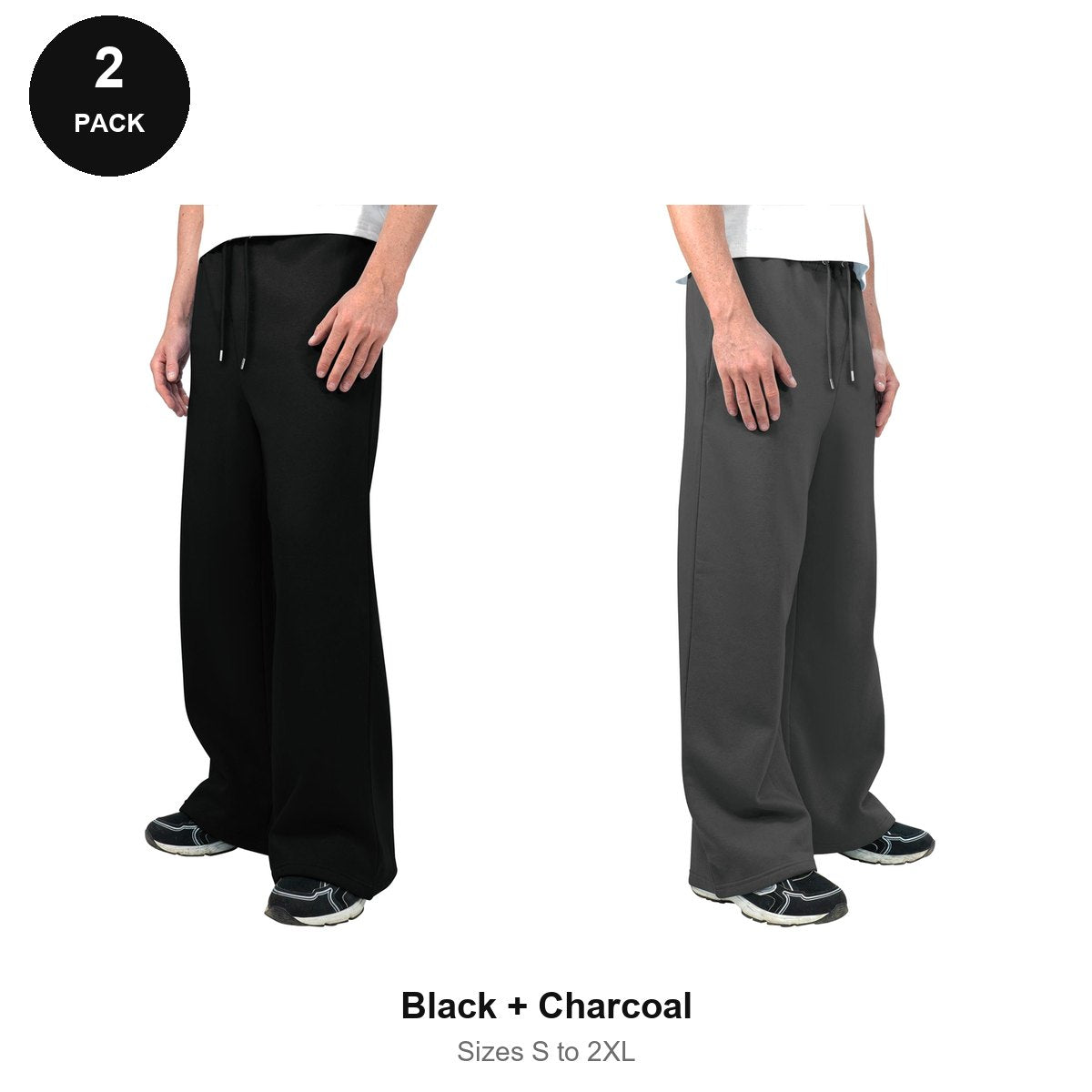 Wide Leg Joggers 2 Pack - 80% cotton / 20% polyester brushed-back fleece 280gsm, Sizes S-2XL - Black + Charcoal