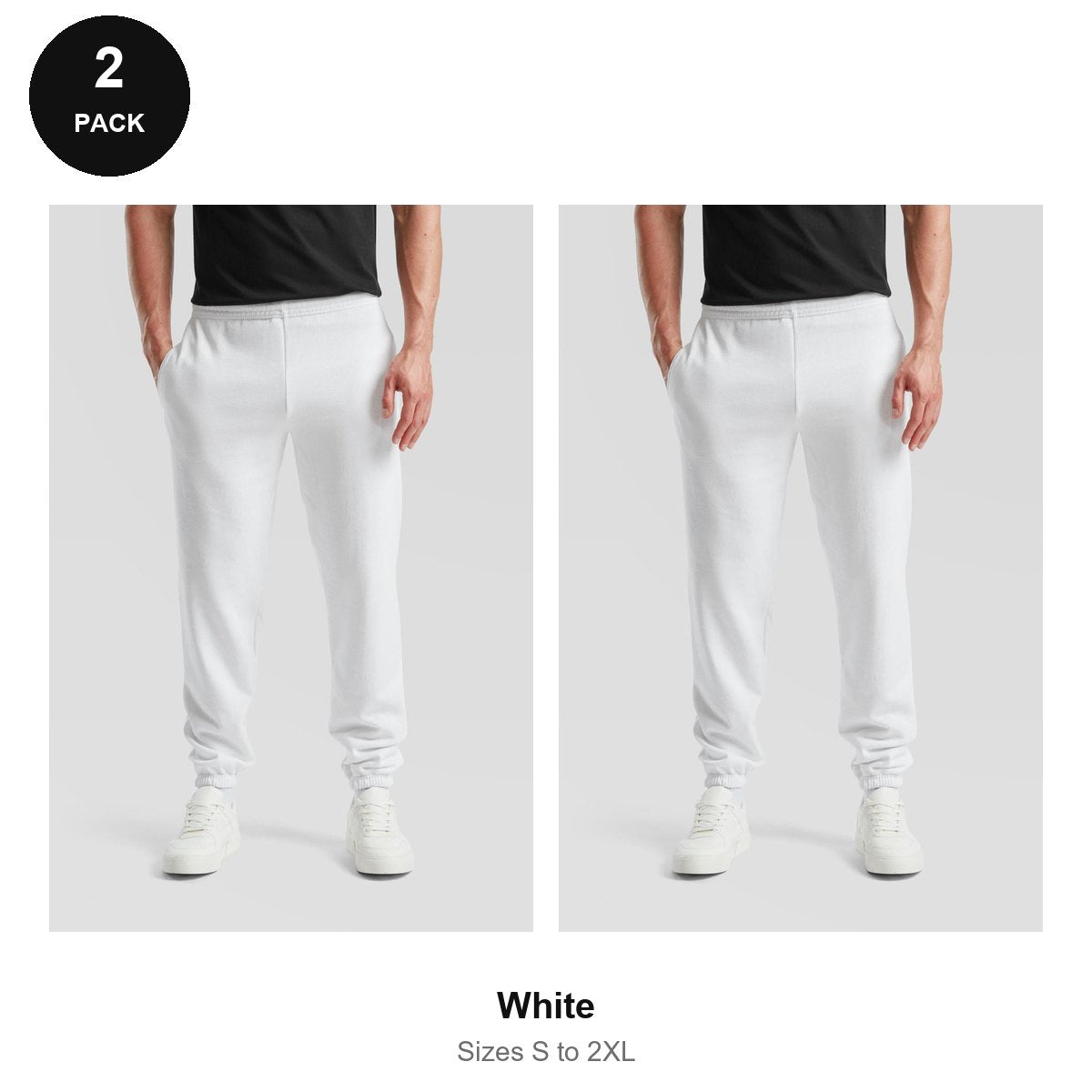 Fruit of the Loom Joggers 2 Pack - 80% cotton / 20% polyester 280gsm, Sizes S-2XL - White