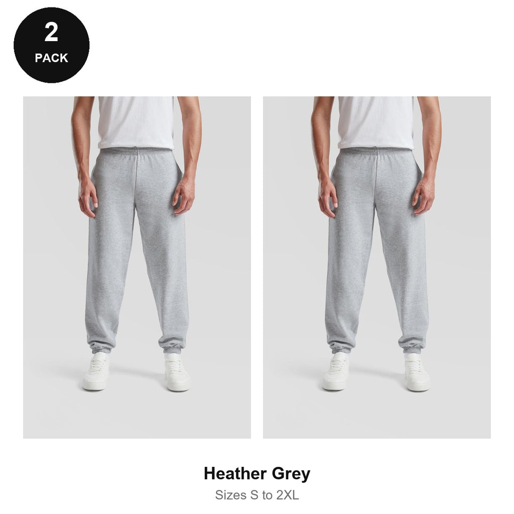 Fruit of the Loom Joggers 2 Pack - 80% cotton / 20% polyester 280gsm, Sizes S-2XL - Heather Grey