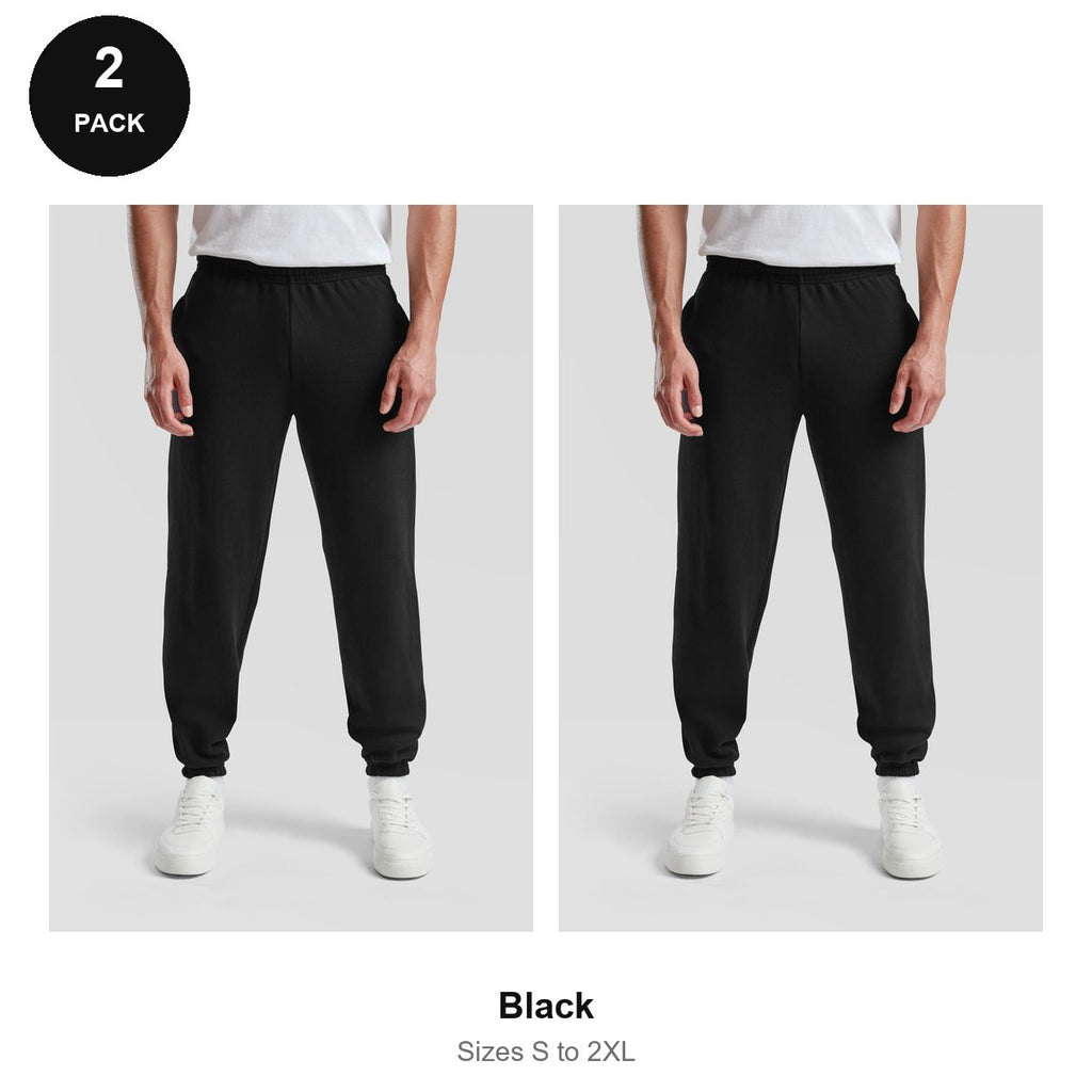 Fruit of the Loom Joggers 2 Pack - 80% cotton / 20% polyester 280gsm, Sizes S-2XL - Black