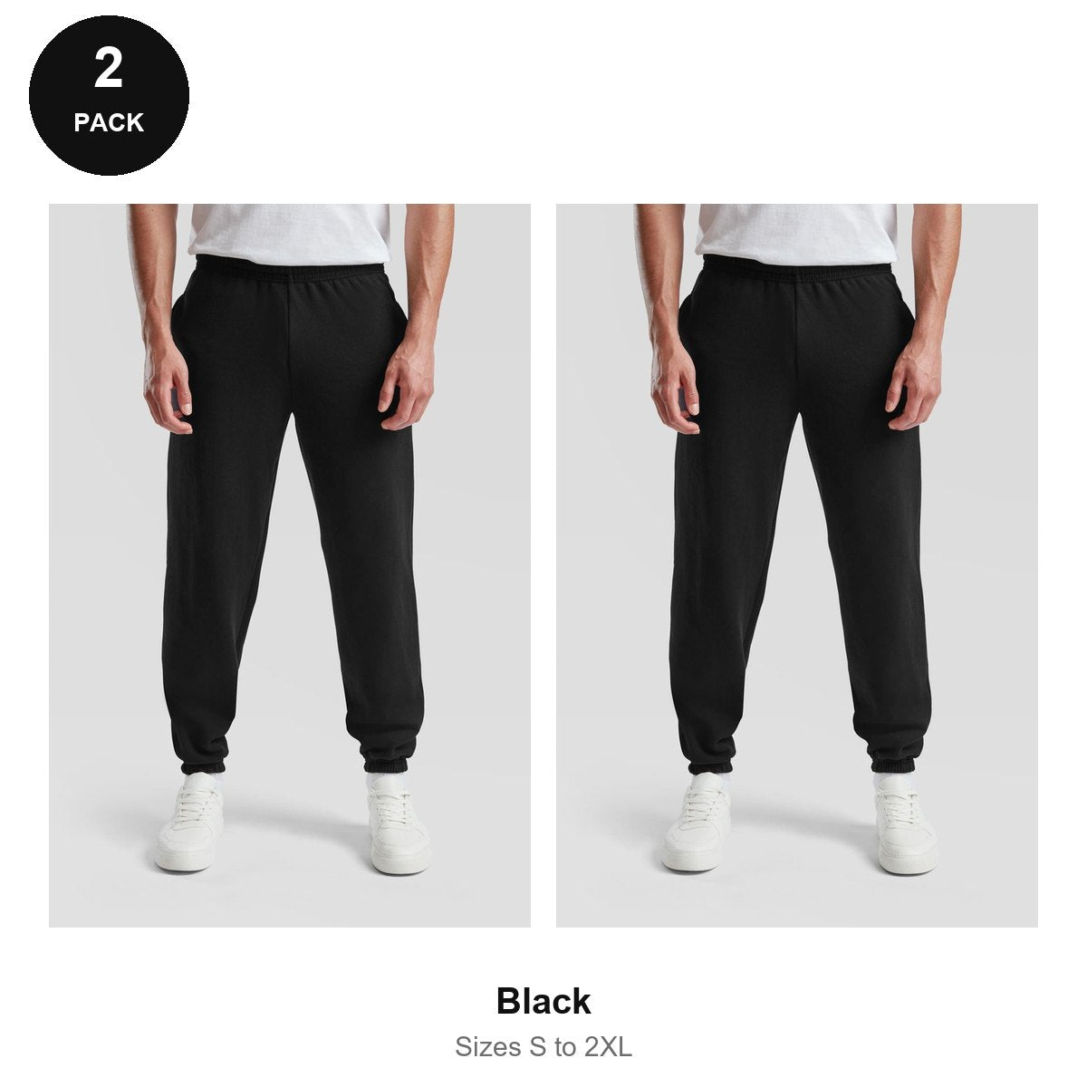 Fruit of the Loom Joggers 2 Pack - 80% cotton / 20% polyester 280gsm, Sizes S-2XL - Black