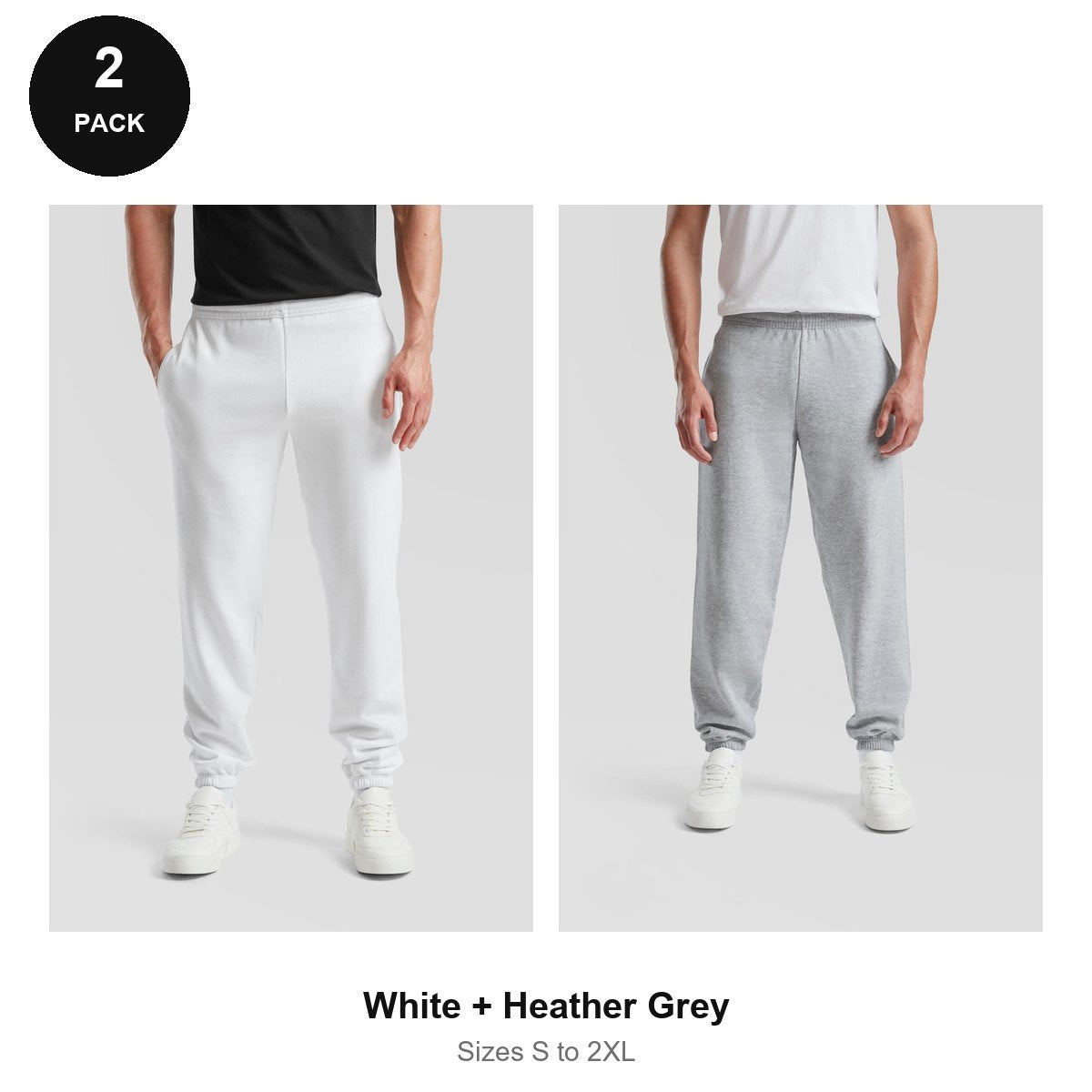 Fruit of the Loom Joggers 2 Pack - 80% cotton / 20% polyester 280gsm, Sizes S-2XL - White + Heather Grey