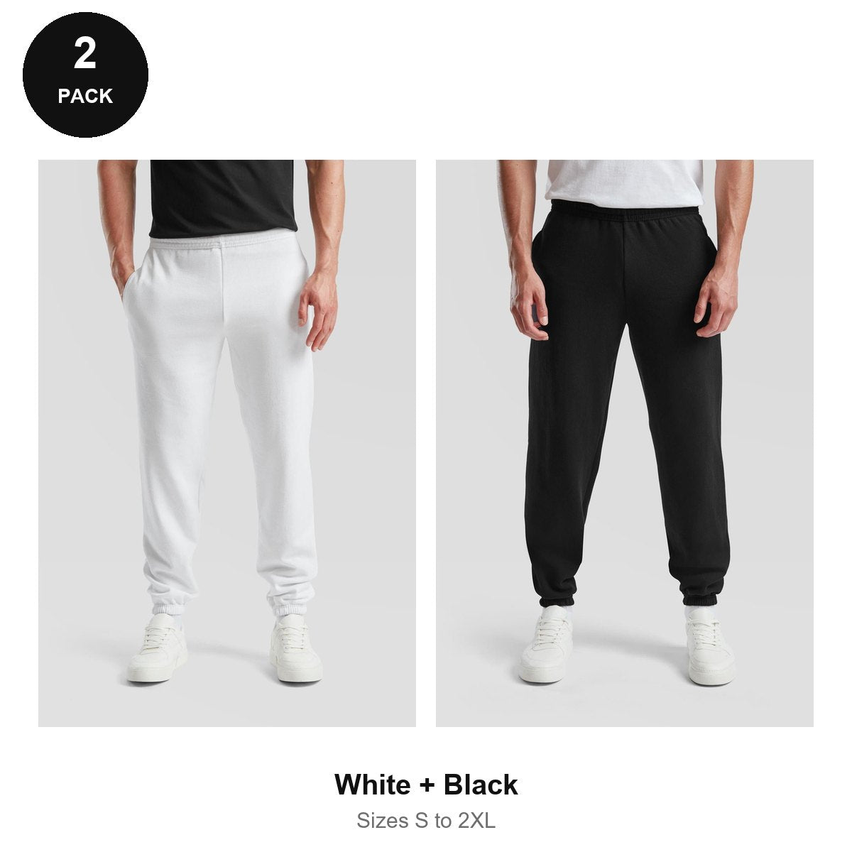 Fruit of the Loom Joggers 2 Pack - 80% cotton / 20% polyester 280gsm, Sizes S-2XL - White + Black