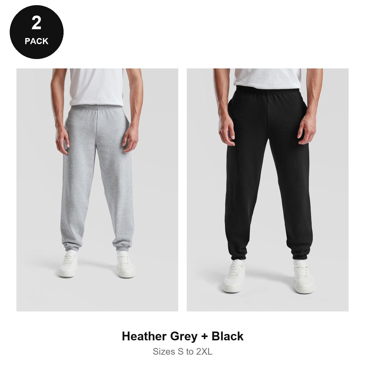 Fruit of the Loom Joggers 2 Pack - 80% cotton / 20% polyester 280gsm, Sizes S-2XL - Heather Grey + Black