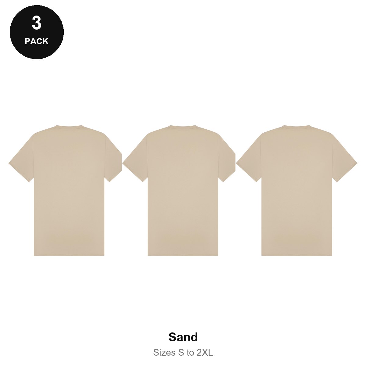 Mens Premium 180gsm T-Shirts 3 Pack - 100% ringspun cotton 180gsm, Sizes S-2XL - Sand