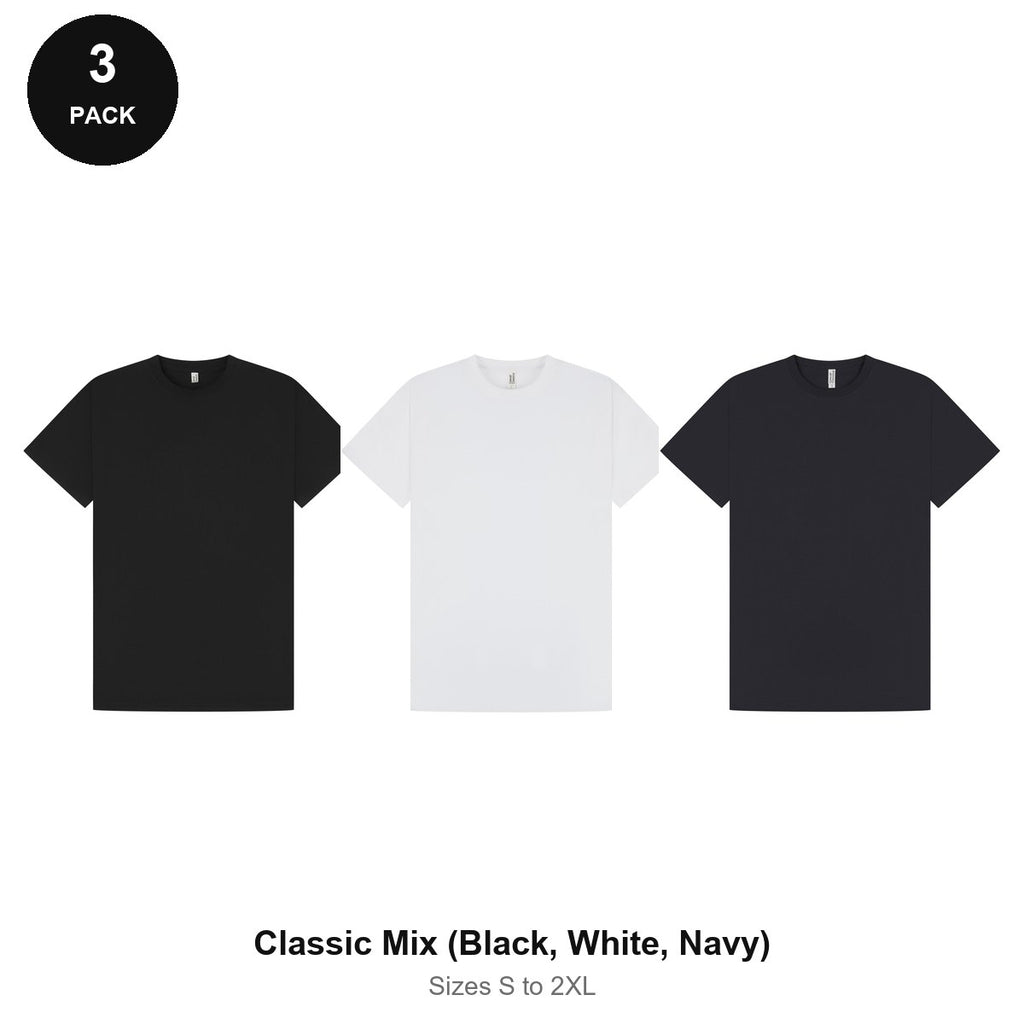 Mens Premium 180gsm T-Shirts 3 Pack - 100% ringspun cotton 180gsm, Sizes S-2XL - Classic Mix (Black, White, Navy)