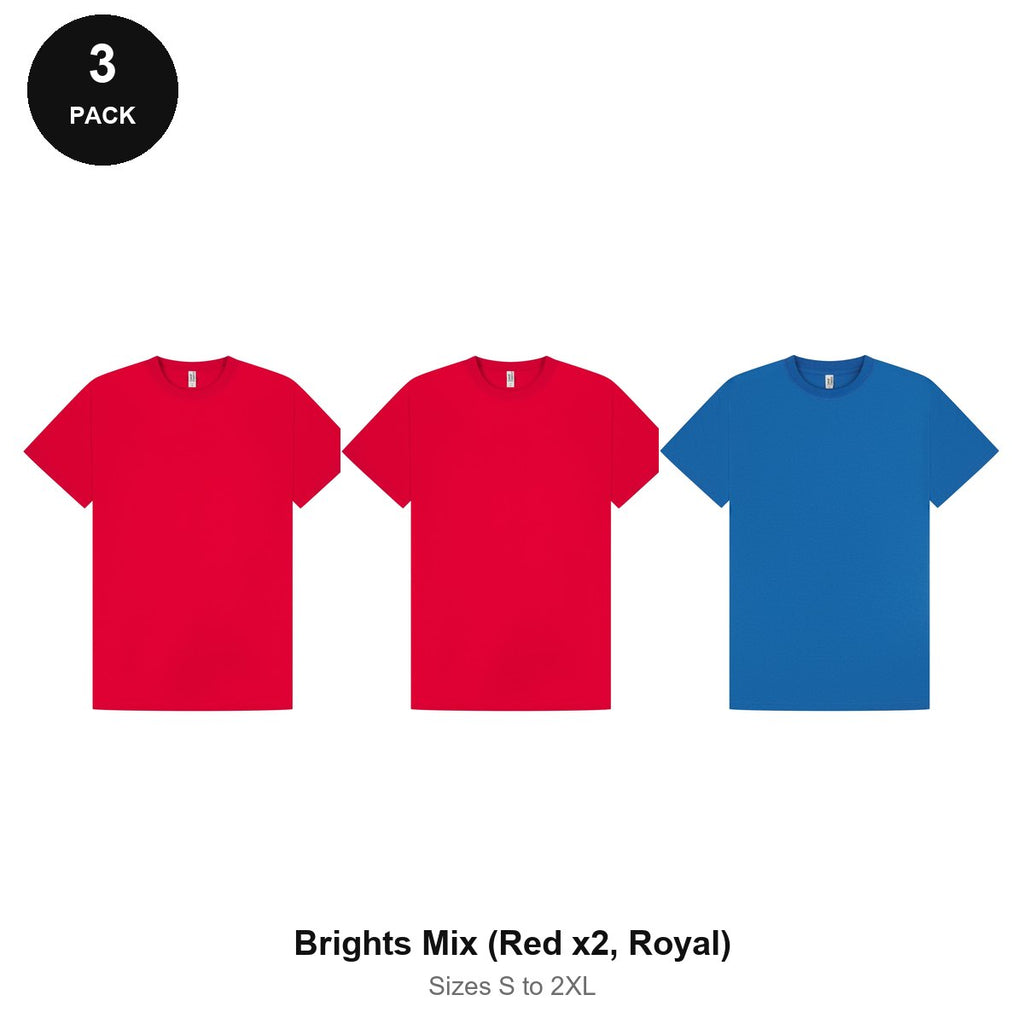Mens Premium 180gsm T-Shirts 3 Pack - 100% ringspun cotton 180gsm, Sizes S-2XL - Brights Mix (Red x2, Royal)