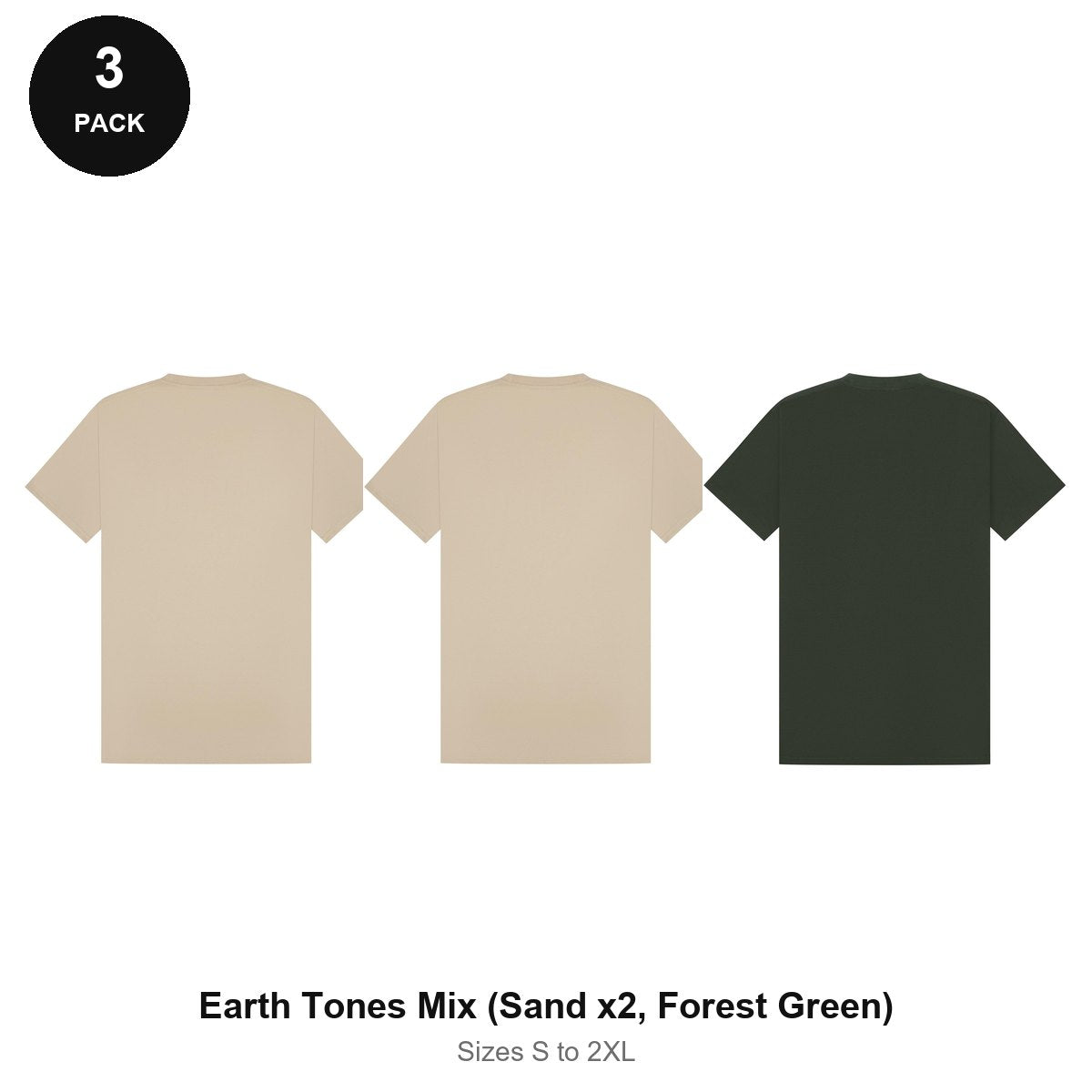 Mens Premium 180gsm T-Shirts 3 Pack - 100% ringspun cotton 180gsm, Sizes S-2XL - Earth Tones Mix (Sand x2, Forest Green)