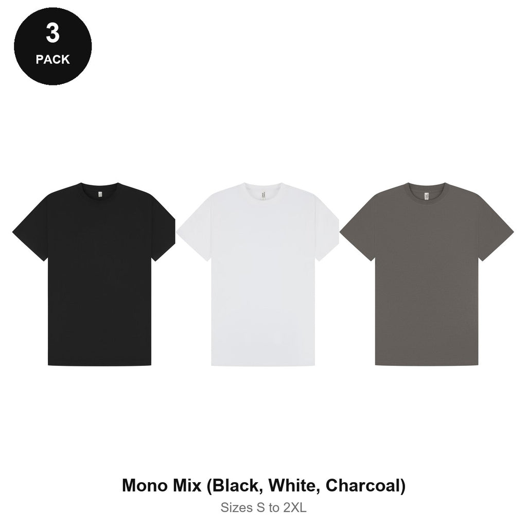 Mens Premium 180gsm T-Shirts 3 Pack - 100% ringspun cotton 180gsm, Sizes S-2XL - Mono Mix (Black, White, Charcoal)