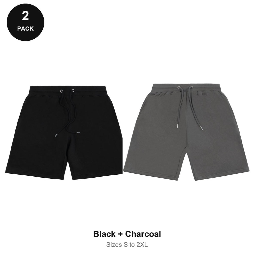 Sweat Shorts 2 Pack - 80% cotton / 20% polyester brushed-back fleece 280gsm, Sizes S-2XL - Black + Charcoal