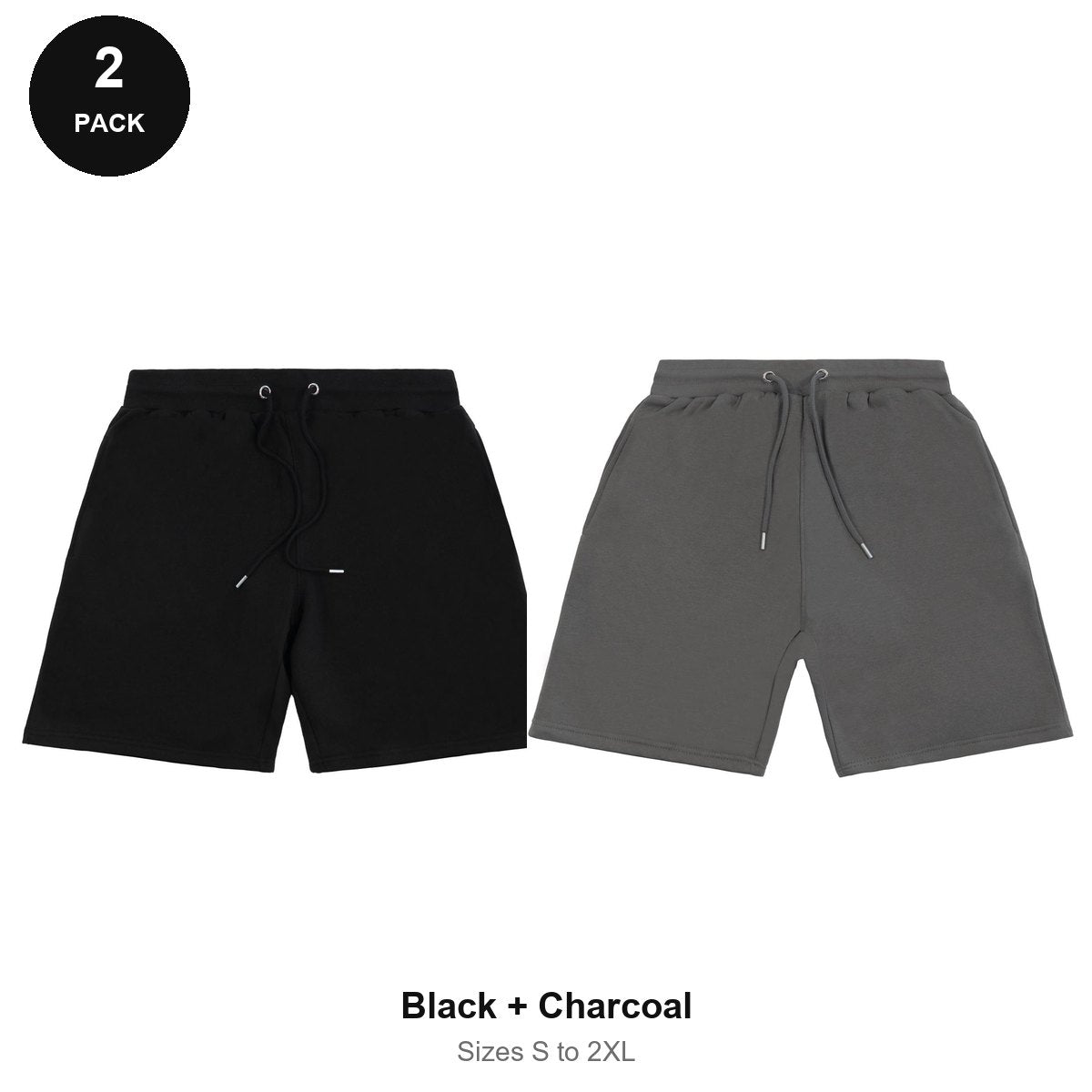 Sweat Shorts 2 Pack - 80% cotton / 20% polyester brushed-back fleece 280gsm, Sizes S-2XL - Black + Charcoal