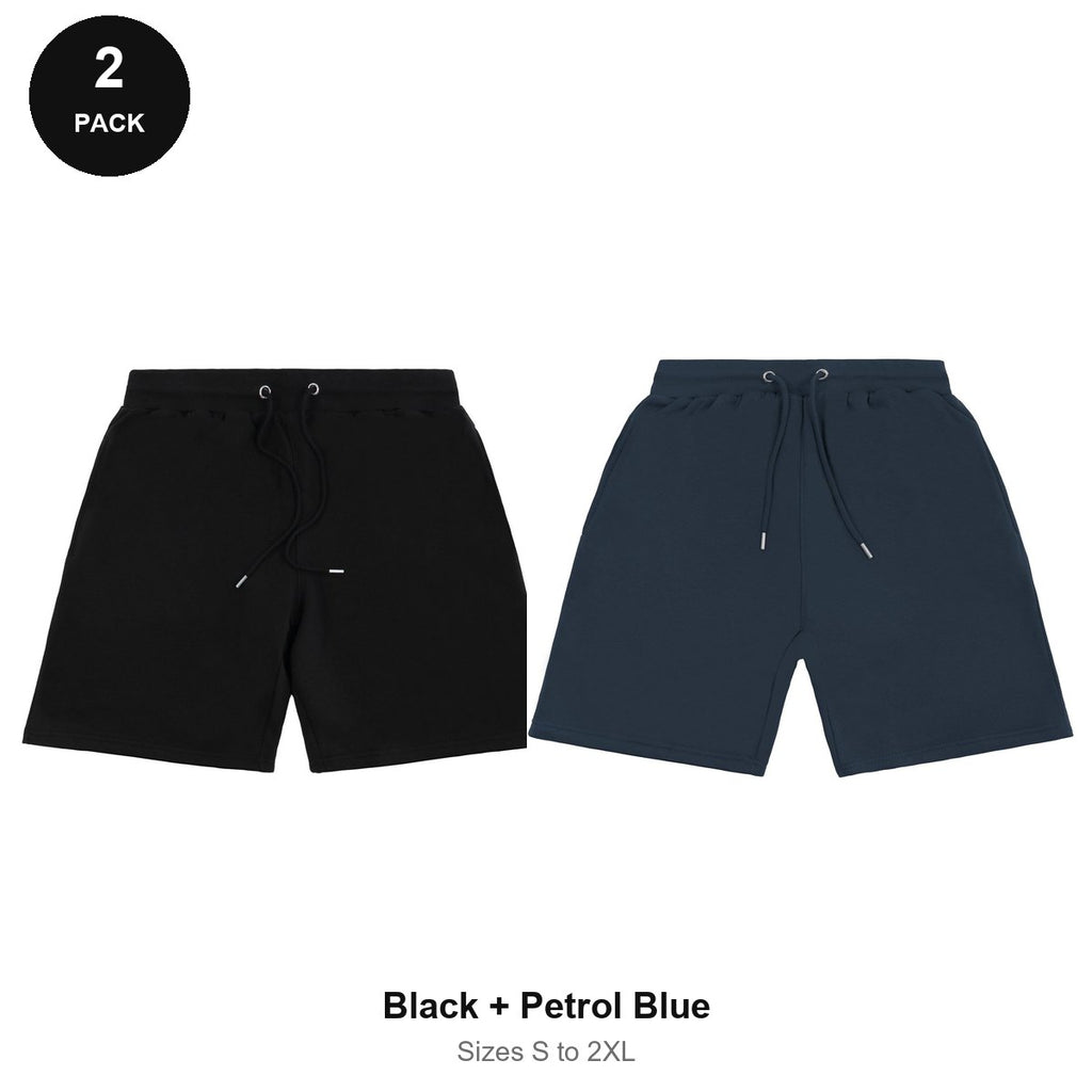 Sweat Shorts 2 Pack - 80% cotton / 20% polyester brushed-back fleece 280gsm, Sizes S-2XL - Black + Petrol Blue