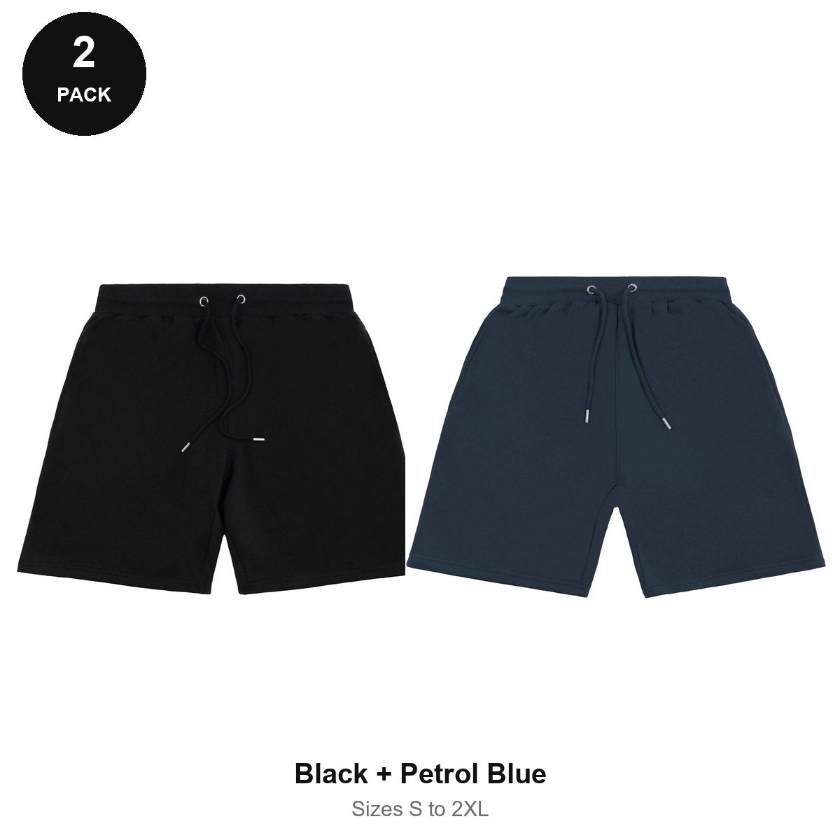 Sweat Shorts 2 Pack - 80% cotton / 20% polyester brushed-back fleece 280gsm, Sizes S-2XL - Black + Petrol Blue