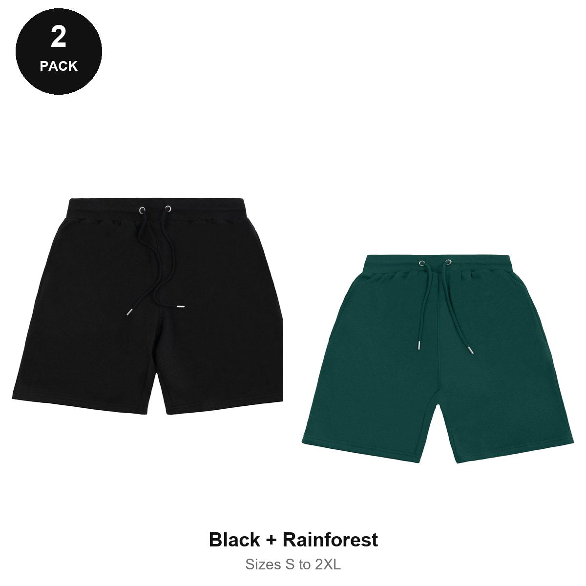 Sweat Shorts 2 Pack - 80% cotton / 20% polyester brushed-back fleece 280gsm, Sizes S-2XL - Black + Rainforest