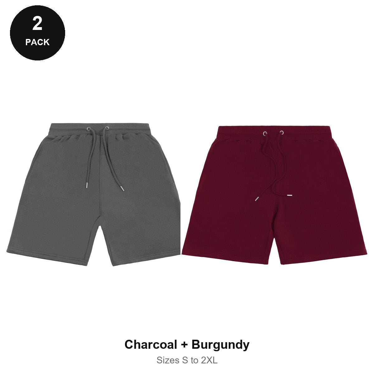 Sweat Shorts 2 Pack - 80% cotton / 20% polyester brushed-back fleece 280gsm, Sizes S-2XL - Charcoal + Burgundy