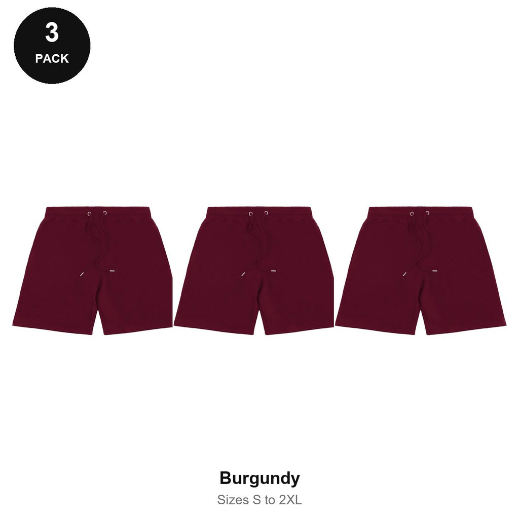 Sweat Shorts 3 Pack - 80% cotton / 20% polyester brushed-back fleece 280gsm, Sizes S-2XL - Burgundy