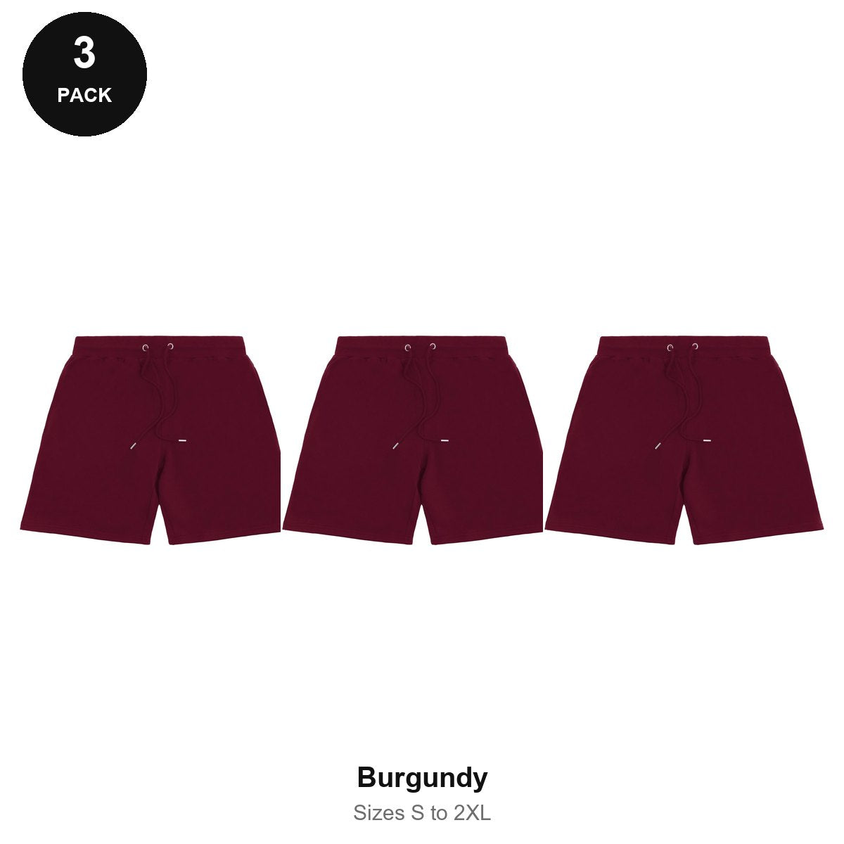 Sweat Shorts 3 Pack - 80% cotton / 20% polyester brushed-back fleece 280gsm, Sizes S-2XL - Burgundy