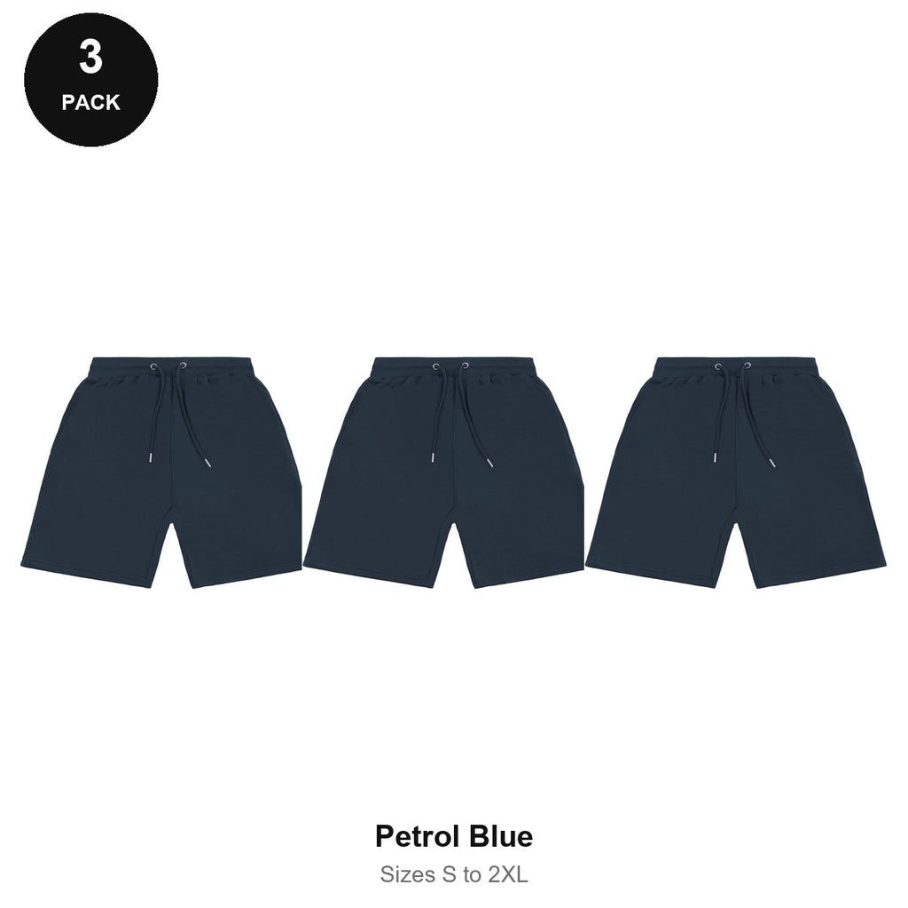 Sweat Shorts 3 Pack - 80% cotton / 20% polyester brushed-back fleece 280gsm, Sizes S-2XL - Petrol Blue