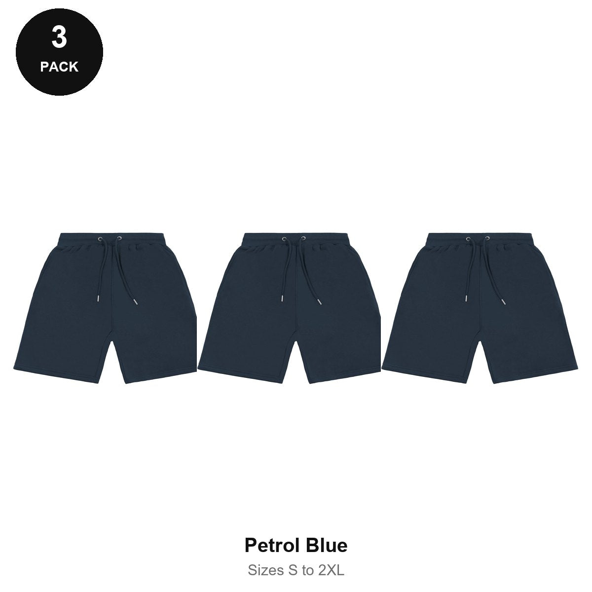 Sweat Shorts 3 Pack - 80% cotton / 20% polyester brushed-back fleece 280gsm, Sizes S-2XL - Petrol Blue
