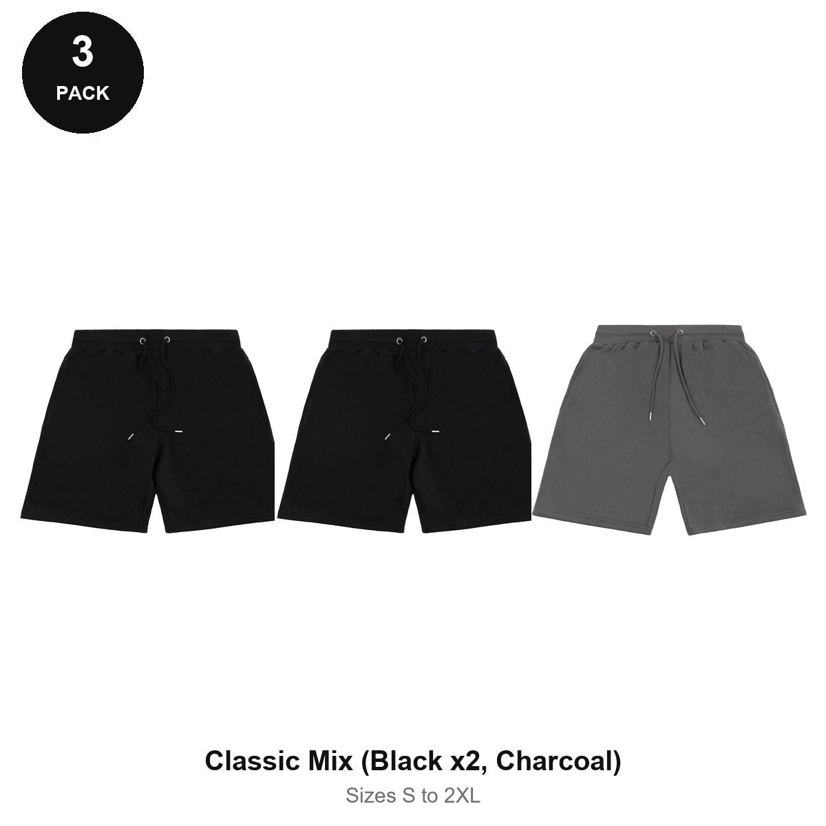 Sweat Shorts 3 Pack - 80% cotton / 20% polyester brushed-back fleece 280gsm, Sizes S-2XL - Classic Mix (Black x2, Charcoal)