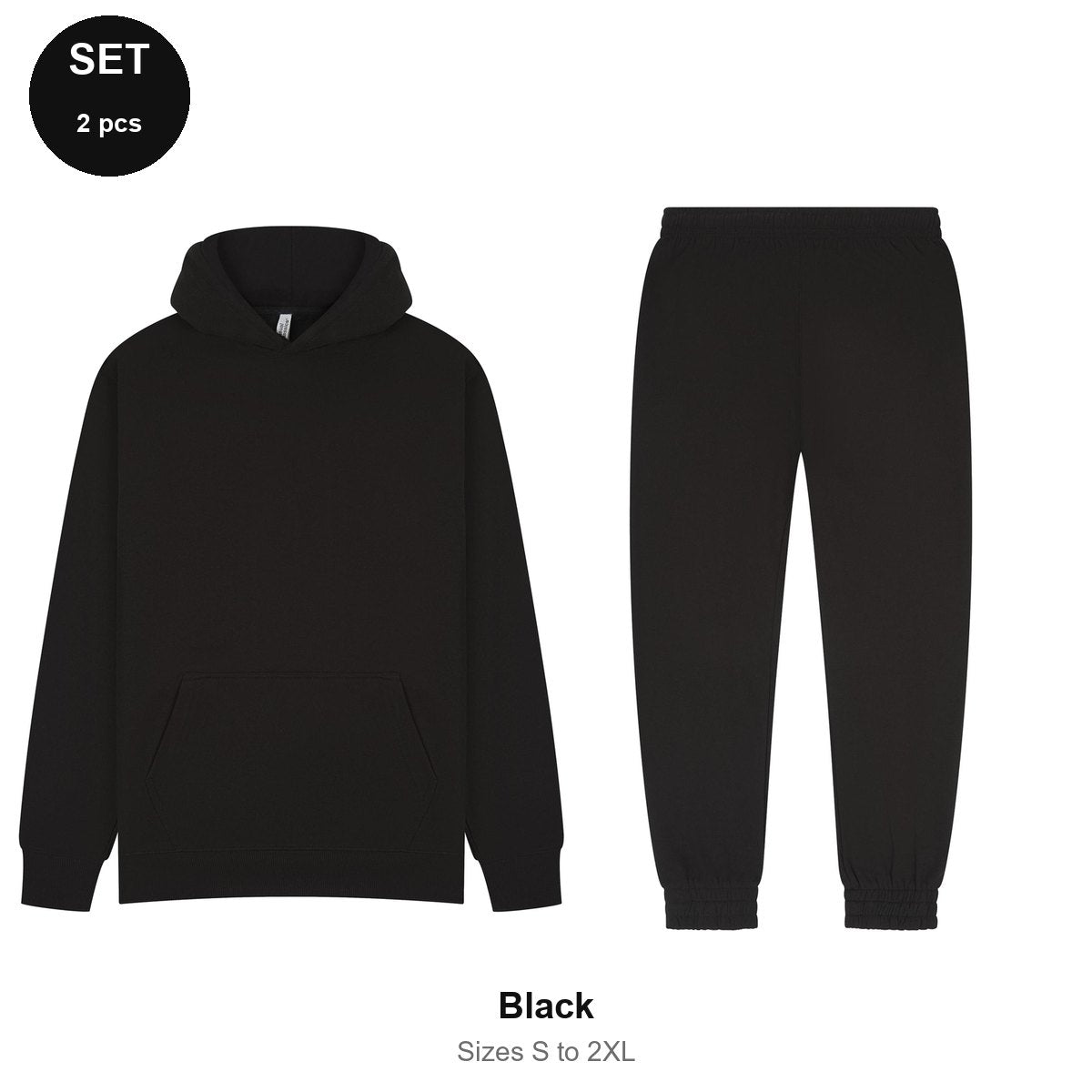 Tracksuit Set: Casual Core Hoodie + Joggers - 80% cotton / 20% polyester brushed-back fleece 280gsm, Sizes S-2XL - Black