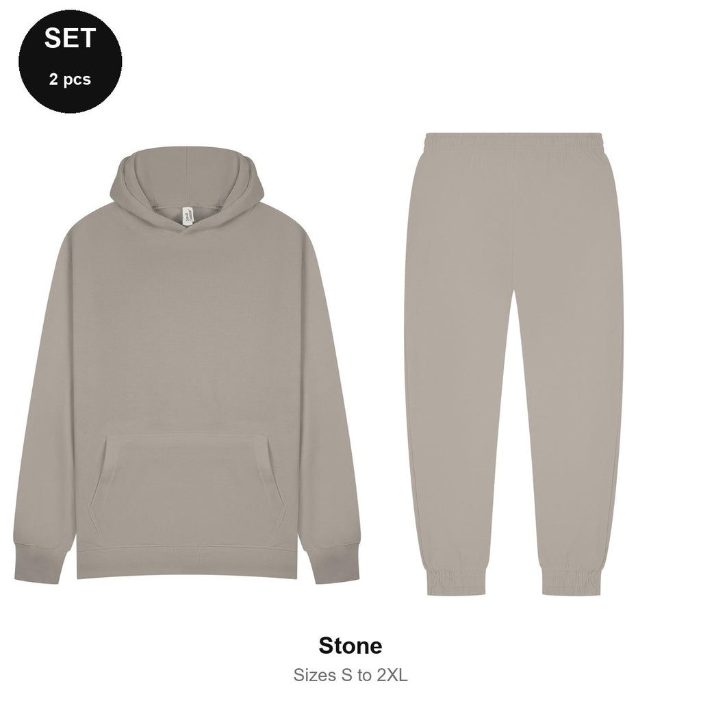Tracksuit Set: Casual Core Hoodie + Joggers - 80% cotton / 20% polyester brushed-back fleece 280gsm, Sizes S-2XL - Stone