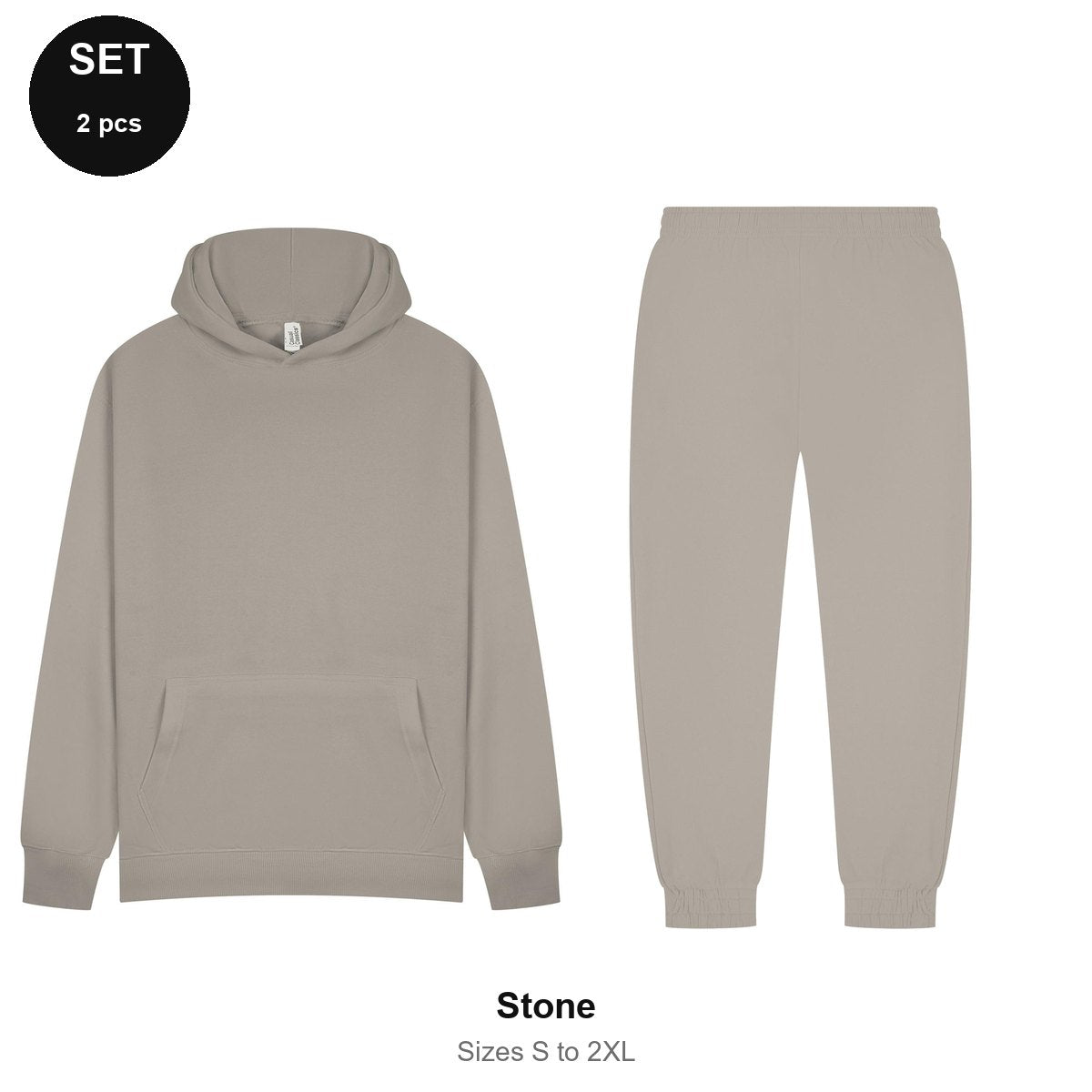 Tracksuit Set: Casual Core Hoodie + Joggers - 80% cotton / 20% polyester brushed-back fleece 280gsm, Sizes S-2XL - Stone