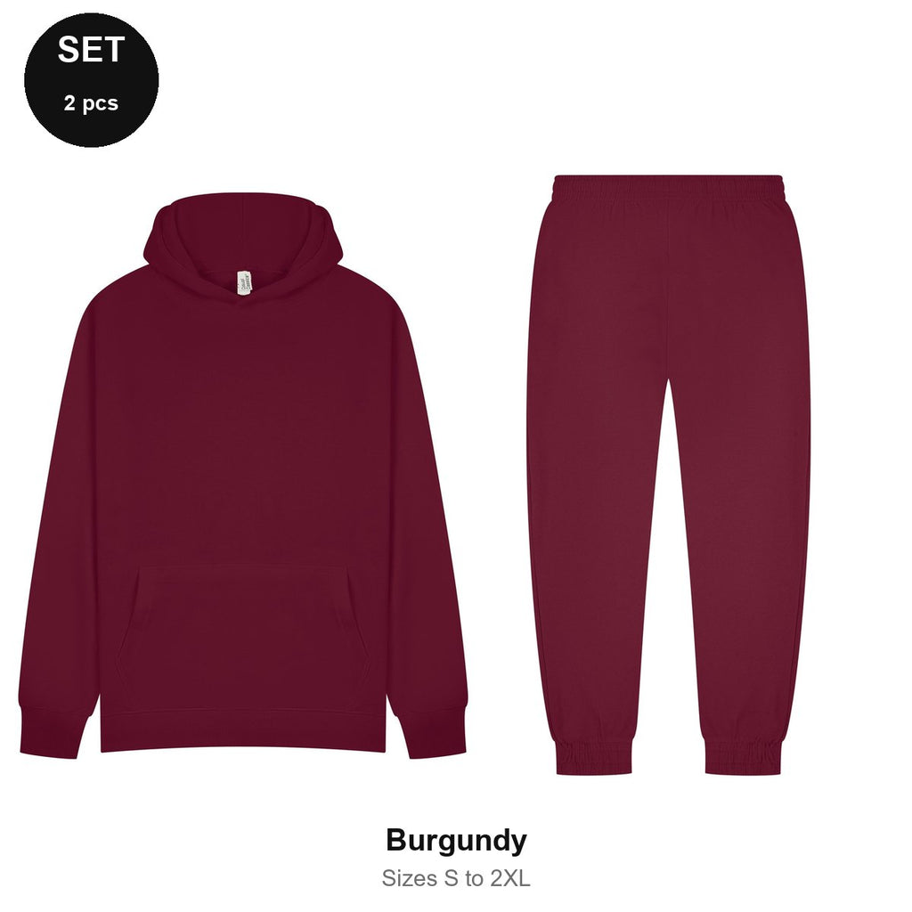 Tracksuit Set: Casual Core Hoodie + Joggers - 80% cotton / 20% polyester brushed-back fleece 280gsm, Sizes S-2XL - Burgundy