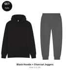 Tracksuit Set: Casual Core Hoodie + Joggers - 80% cotton / 20% polyester brushed-back fleece 280gsm, Sizes S-2XL - Black Hoodie + Charcoal Joggers