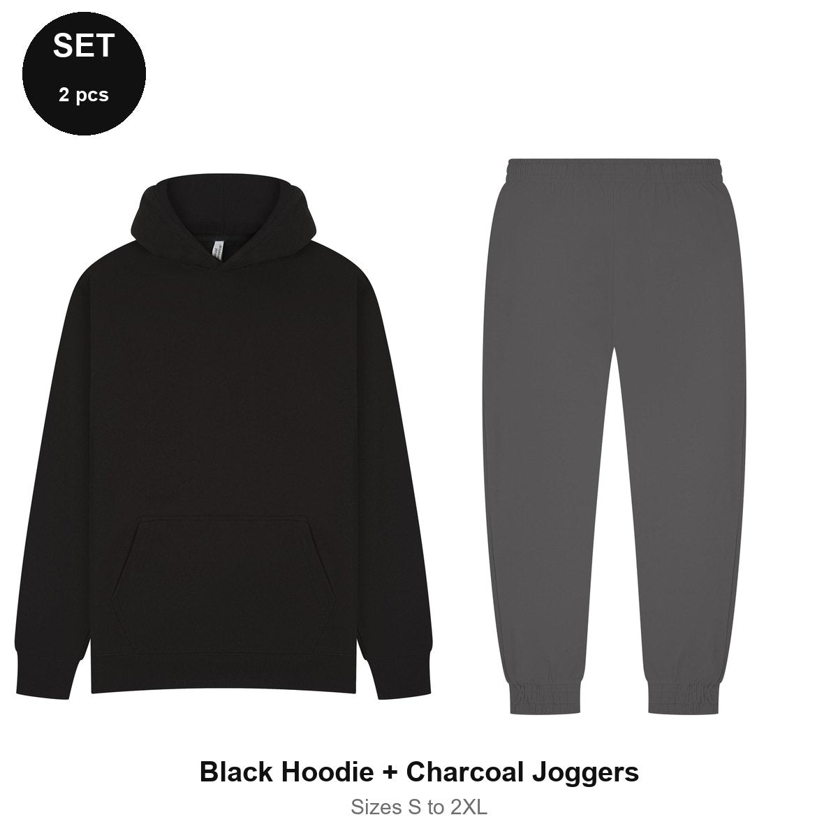 Tracksuit Set: Casual Core Hoodie + Joggers - 80% cotton / 20% polyester brushed-back fleece 280gsm, Sizes S-2XL - Black Hoodie + Charcoal Joggers