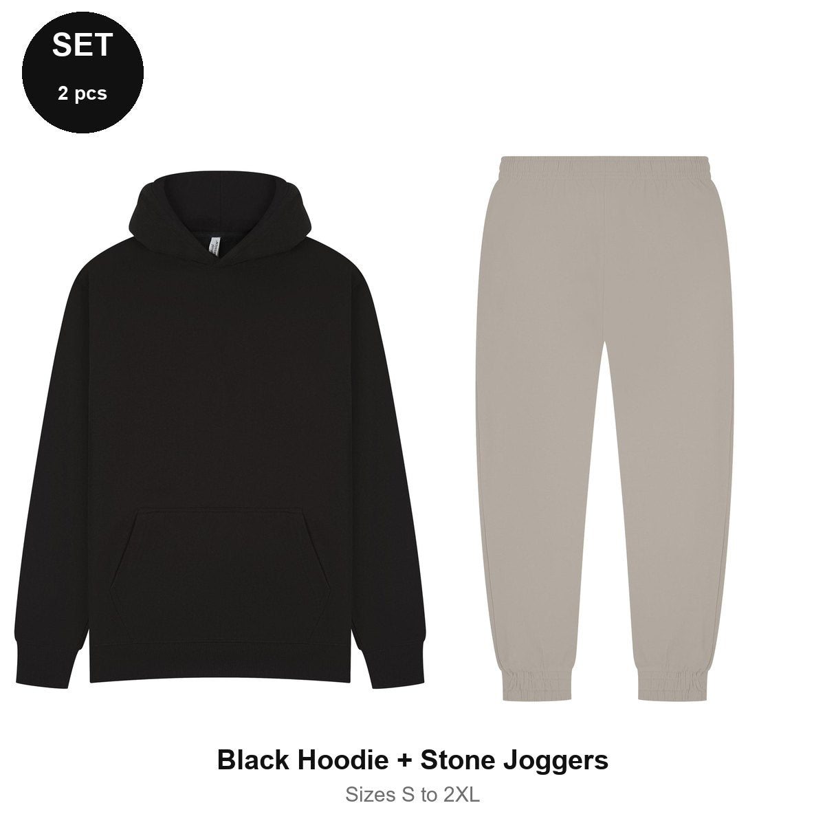 Tracksuit Set: Casual Core Hoodie + Joggers - 80% cotton / 20% polyester brushed-back fleece 280gsm, Sizes S-2XL - Black Hoodie + Stone Joggers