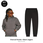 Tracksuit Set: Casual Core Hoodie + Joggers - 80% cotton / 20% polyester brushed-back fleece 280gsm, Sizes S-2XL - Charcoal Hoodie + Black Joggers