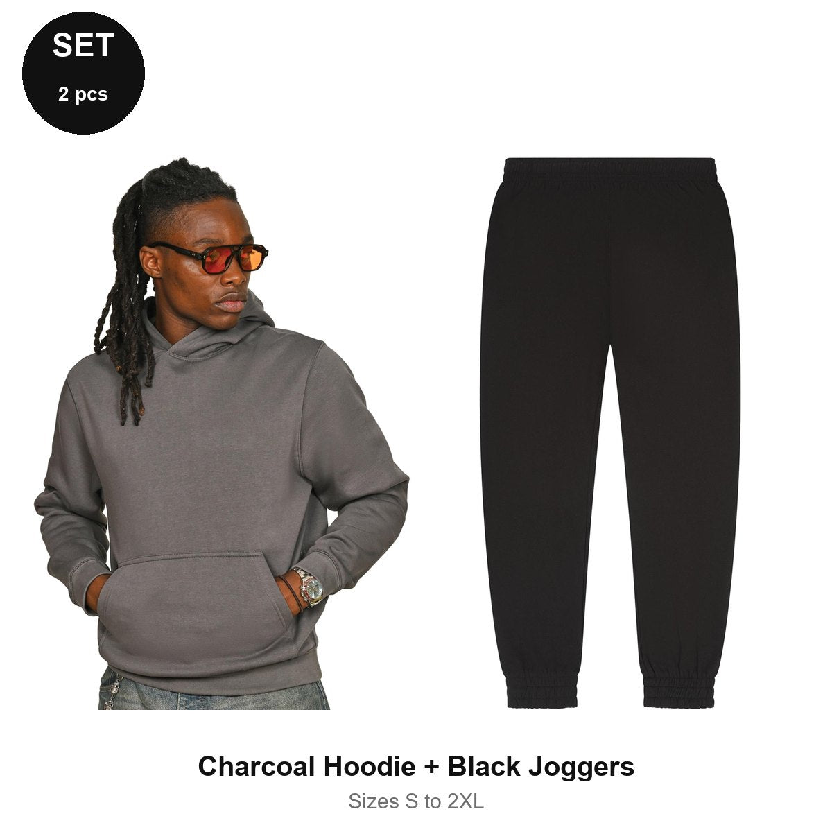 Tracksuit Set: Casual Core Hoodie + Joggers - 80% cotton / 20% polyester brushed-back fleece 280gsm, Sizes S-2XL - Charcoal Hoodie + Black Joggers