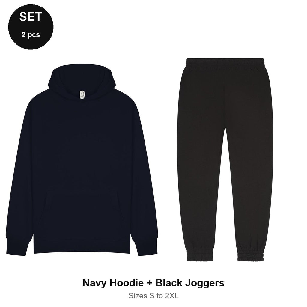 Tracksuit Set: Casual Core Hoodie + Joggers - 80% cotton / 20% polyester brushed-back fleece 280gsm, Sizes S-2XL - Navy Hoodie + Black Joggers